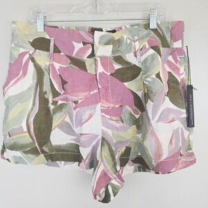 TAHARI Luxe Linen Shorts‎ Women's Sz XL Tropical Bold Print High Rise Travel.A59